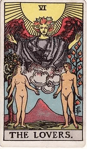 A man and a woman stand beneath an angel, a serpent-wound tree behind the woman and a tree in flames behind the man.