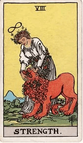 A woman in white calmly closes the jaws of a lion, a garland of flowers at her waist and a lemniscate above her head.