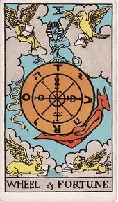 A great wheel turns in the sky with a sphinx balanced on top, a snake sliding down one side and a jackal-headed figure rising the other.