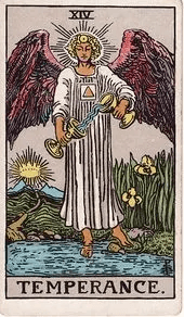 An angel stands with one foot on land and one foot in water, pouring liquid between two cups in a steady, unbroken stream.