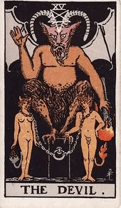 A horned, bat-winged figure looms over two chained figures whose chains, on close look, hang loose enough to lift off.