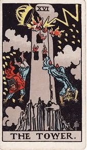 Lightning strikes a tall stone tower, blasting its crown loose in flame as two figures fall headfirst from the height.