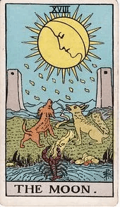 Two towers flank a winding path as a dog and a wolf howl up at a moon with a human face, and a crayfish climbs from the water below.