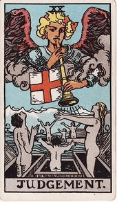 An angel sounds a trumpet from the sky as figures rise from open graves below, arms raised toward the light.
