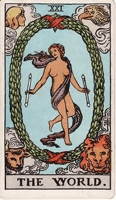 A dancing figure draped in a purple sash moves within a suspended laurel wreath, watched by a bull, a lion, an eagle, and an angel at its corners.