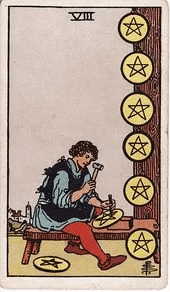 Eight of Pentacles tarot card, Rider–Waite–Smith deck